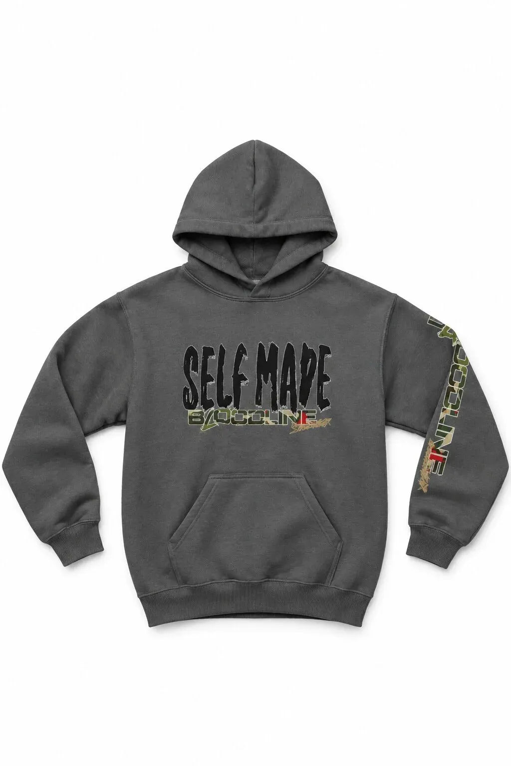 Gray hoodie with 'Self Made' text and colorful design on sleeve against a white background